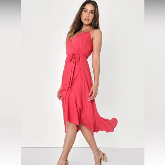 NWT Lulus Manhattan Moment Berry Pink Ruffled Midi Wrap Dress - Picture 1 of 14